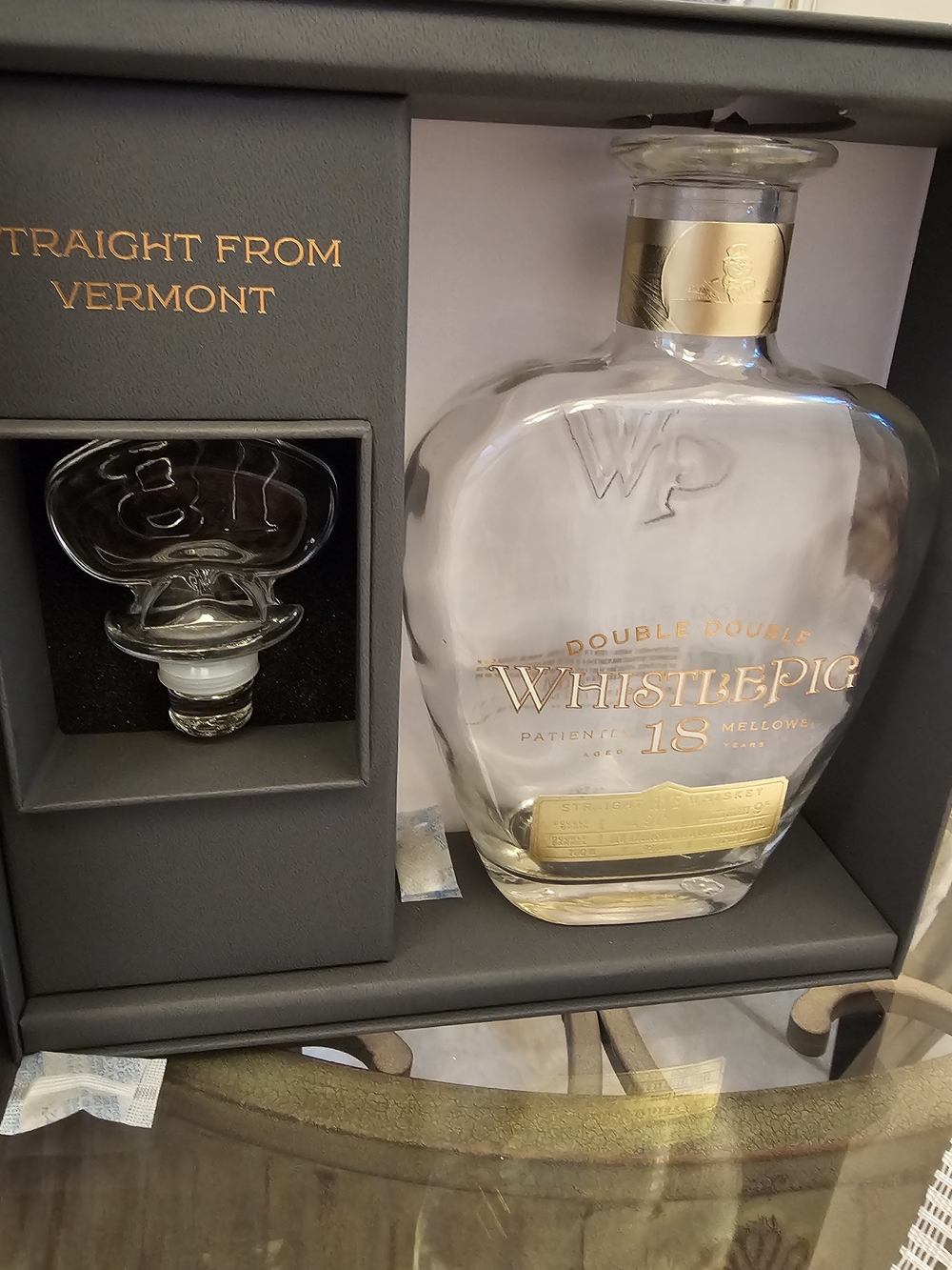 18 Year Double Barrel Whiskey Decanter - Clear with Gold Accents